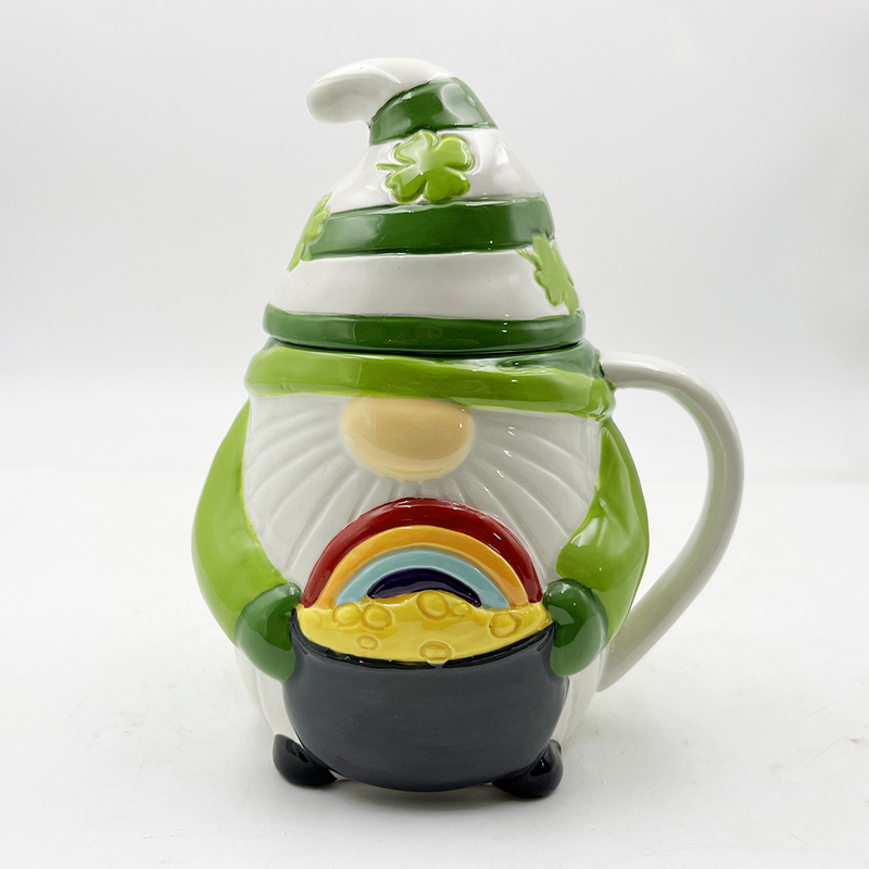 Kreative 3D-Weihnachts-Keramik-Tassen Frühling Gnome Grüne Farbdekorationen mit Deckel