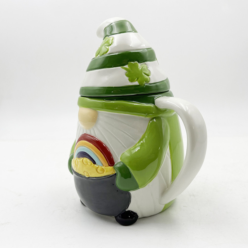 Kreative 3D-Weihnachts-Keramik-Tassen Frühling Gnome Grüne Farbdekorationen mit Deckel