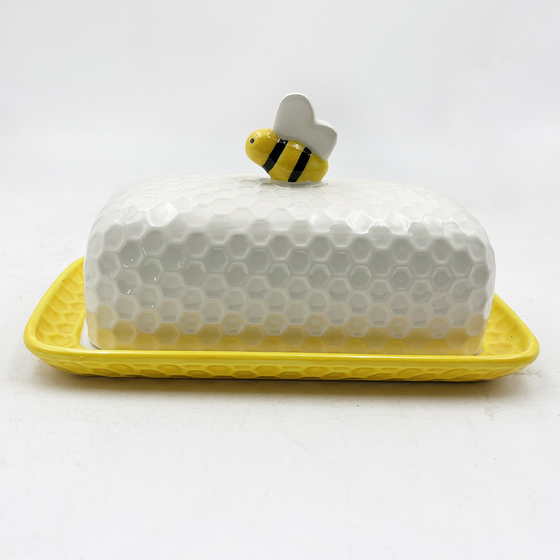 Farbenfrohe Porzellanbutterhalter Butterschale mit Deckel Weiße Platte mit Bienendeckel Keramikschacht Custom Farbe