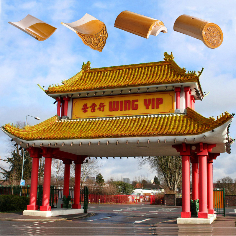 180*180 Chinesische Tempelbogen-Tür Retro-Stil Falsche Keramik-Ton-Dachfliesen für Betonstruktur
