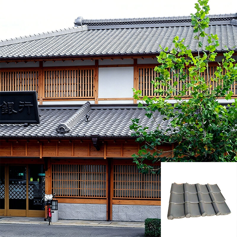 Japanische Keramik-Dachziegel Traditionelle rauchgraue glasierte Oberfläche Giebelseite links Authentische japanische Kawara-Dachziegel