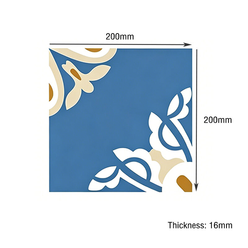 200 x 200 mm, handgefertigt, blaue Blumen-Zementfliese, Enkaustikfliese für Küchenrückwand, Badezimmerboden, rutschfest, für stark frequentierte Bereiche