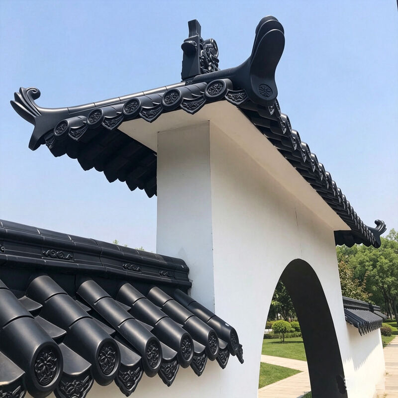Plastic Asian Style Roof Tiles Kit Polymer Dark Grey Tiles with Roof Caps & Decoration for Entryway Canopy Garden Gates Porticos