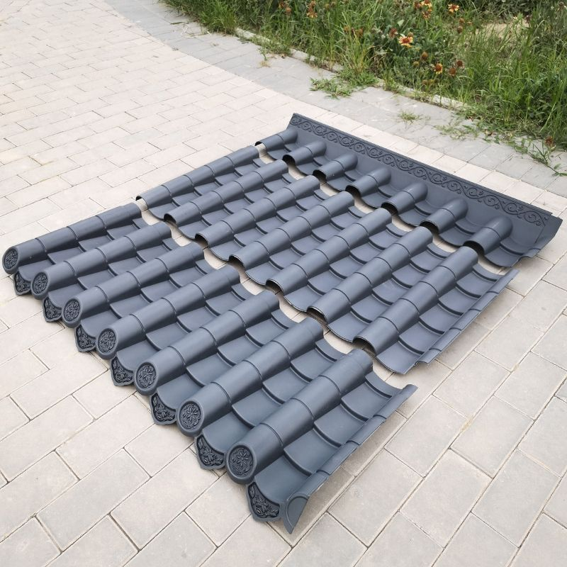 Plastic Asian Style Roof Tiles Kit Polymer Dark Grey Tiles with Roof Caps & Decoration for Entryway Canopy Garden Gates Porticos