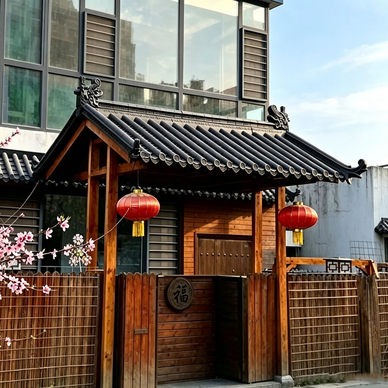 Synthetic Plastic Archway Roofing Set Chinese Style Plastic Roof Tiles with Carved Dragon Head Finials